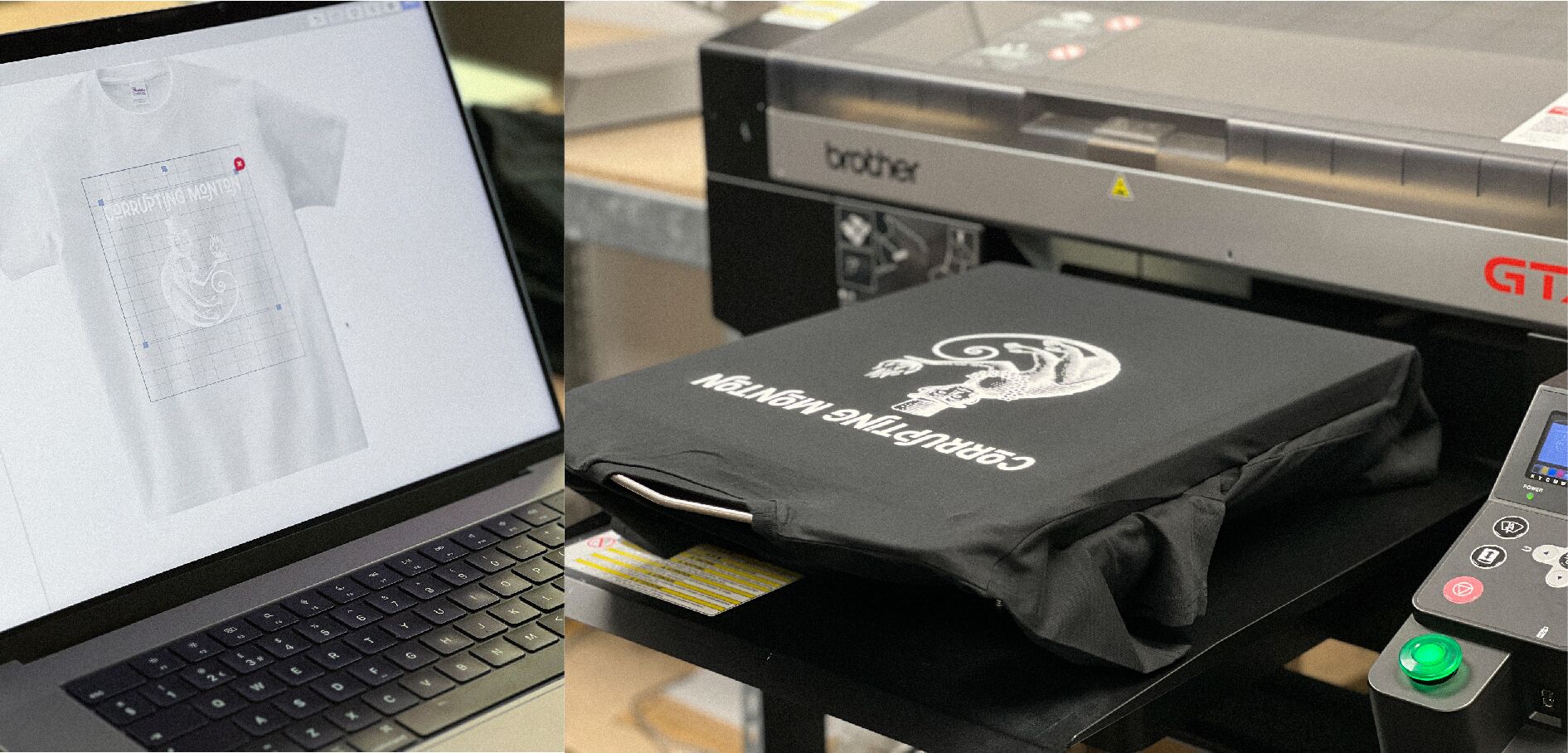 A laptop showing a design loaded onto printing software. A direct to garment printer with a black t-shirt exiting the machine after being printed on