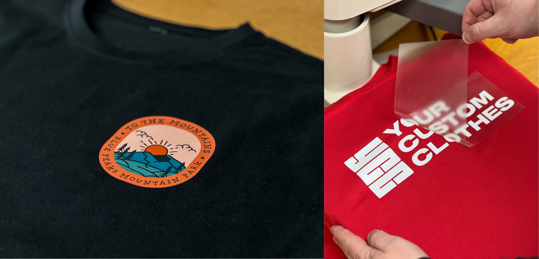 A vibrant transfer design on the left breat of a black t-shirt. Your custom clothes logo in white vinyl being applied to a red t-shirt